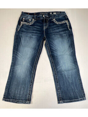 Miss Me Womens Size 31 Mid-Rise Easy Crop Jeans Blue Bling Embellished Denim